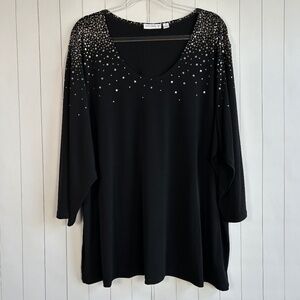 Susan Graver plus size 3X tunic top liquid knit black silver polka dot 3/4 sleev